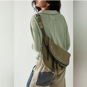 FREE PEOPLE At Ease Embellished
Sling Bag Olive Canvas